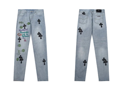 Chrome Hearts Classic Cross Embroidered Denim Jeans - Premium Streetwear